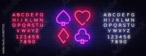 Poker Neon sign vector design template. Poker symbols neon logo, light banner design element colorful modern design trend, night bright advertising, bright sign. Vector. Editing text neon sign