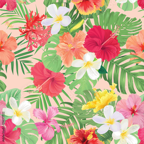 Seamless pattern of hibiscus flowers and tropical leaves background. Vector set of exotic tropical garden for holiday invitations, greeting card and fashion design. © mamsizz