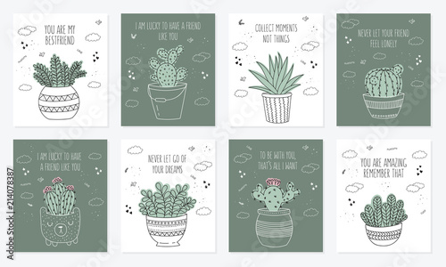 Vector set of postcards with line drawing house plant in pot with slogan about friend
