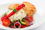 Top and Front View Isolated - Greek salad with onion, pepper, tomatoes, cucumber, donut, bread, feta cheese