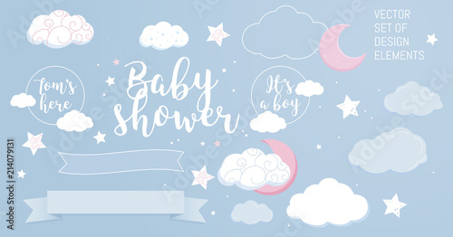 Cute design elements for baby shower invotation and party.
