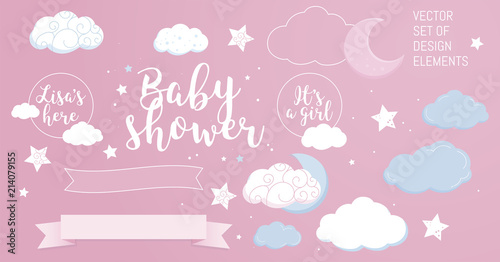Cute design elements for baby shower invotation and party.