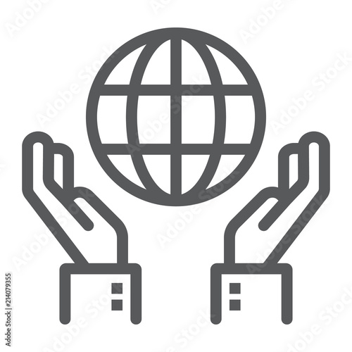 Biosphere conservation line icon, ecology and energy, hands holding earth sign, vector graphics, a linear pattern on a white background, eps 10.
