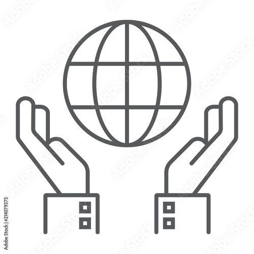 Biosphere conservation thin line icon, ecology and energy, hands holding earth sign, vector graphics, a linear pattern on a white background, eps 10.