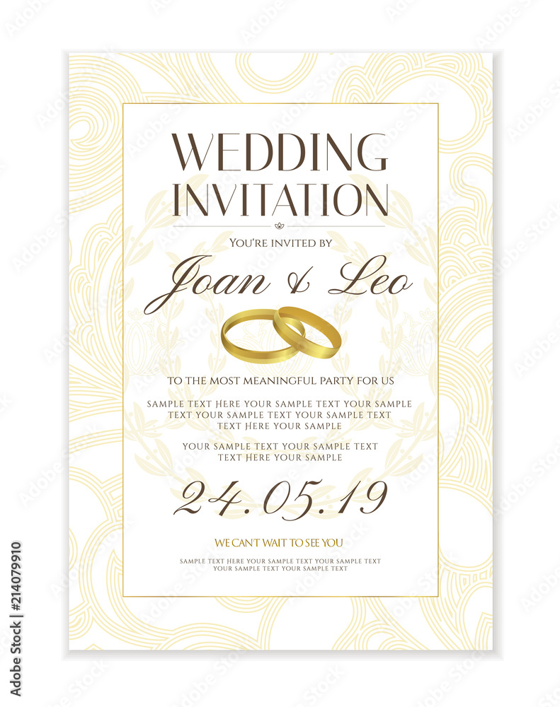 Wedding invitation design template (Save the date card). Classic Golden  background with gold wedding rings useful for any Invitations, marriage,  anniversary, engagement part Stock Vector | Adobe Stock