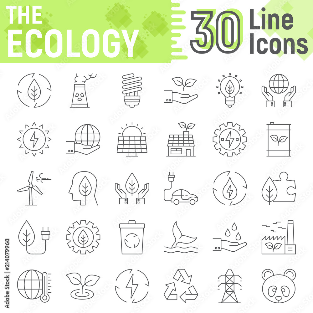 Ecology thin line icon set, green energy symbols collection, vector sketches, logo illustrations, web eco signs linear pictograms package isolated on white background, eps 10.
