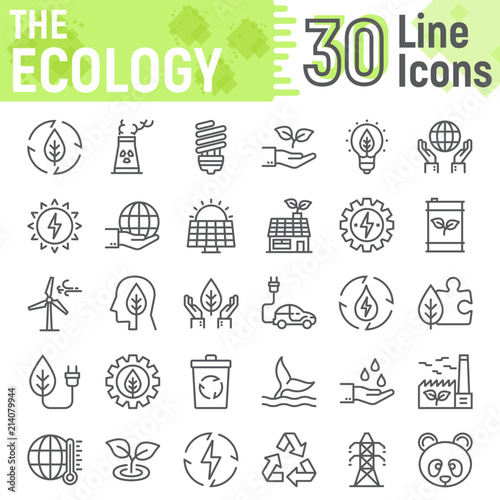Ecology line icon set, green energy symbols collection, vector sketches, logo illustrations, web eco signs linear pictograms package isolated on white background, eps 10.