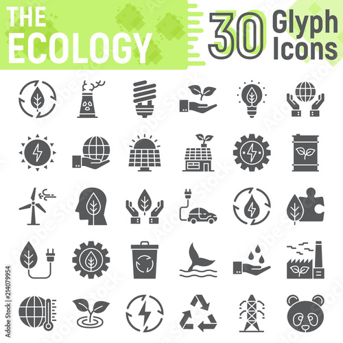 Ecology glyph icon set, green energy symbols collection, vector sketches, logo illustrations, web eco signs solid pictograms package isolated on white background, eps 10.