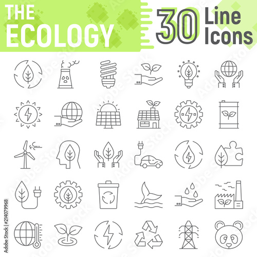 Ecology thin line icon set, green energy symbols collection, vector sketches, logo illustrations, web eco signs linear pictograms package isolated on white background, eps 10.