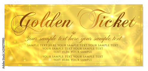 Golden ticket, Gift Certificate / Gift Voucher vector template design with star golden background. Useful for Coupon, any festival, party, cinema, event, entertainment show, concert