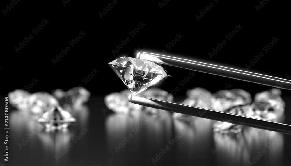 Diamond in tweezers on a dark background with diamonds group soft focusing, 3d rendering. Diamond in tweezers on a dark background with diamonds group soft focusing, 3d rendering.