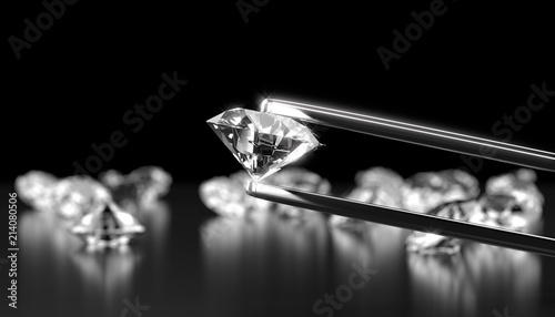 Diamond in tweezers on a dark background with diamonds group soft focusing, 3d rendering.