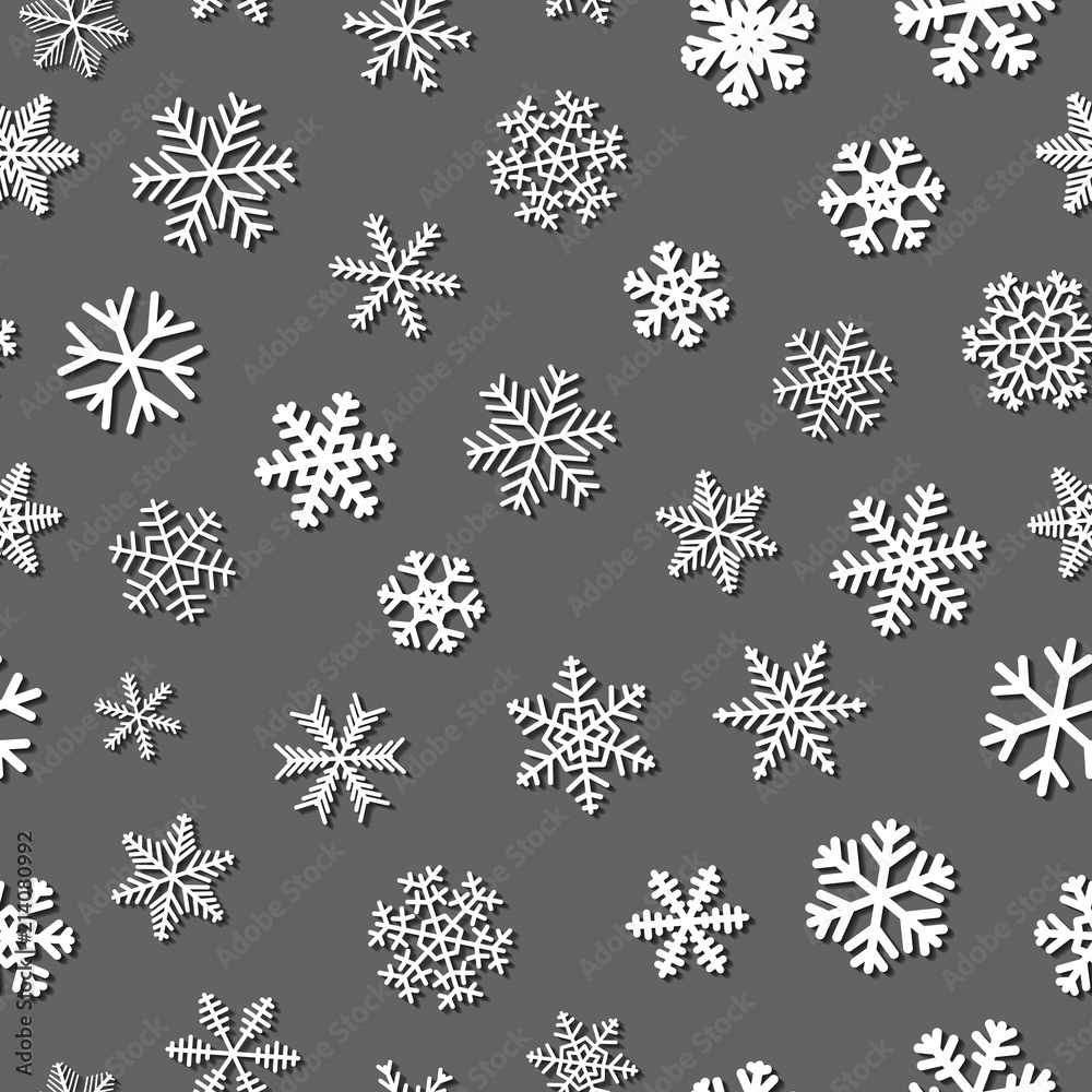 Christmas seamless pattern of snowflakes with shadows, white on gray background Christmas seamless pattern of snowflakes with shadows, white on gray background