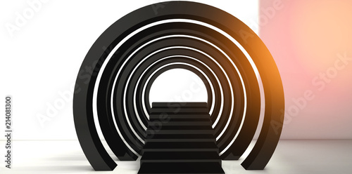Fototapeta Naklejka Na Ścianę i Meble -  Minimalistic staircase upwards with an arch. Toned light effect, neon. The background is bokeh, magical. 3D rendering