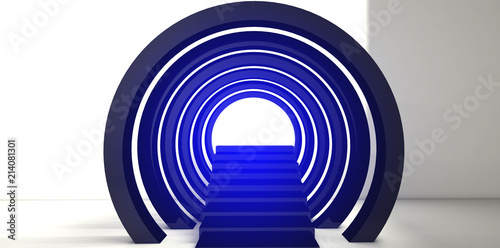 Fototapeta Naklejka Na Ścianę i Meble -  Minimalistic staircase upwards with an arch. Toned light effect, neon. The background is bokeh, magical. 3D rendering