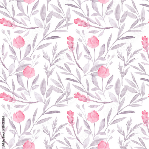 Fototapeta Naklejka Na Ścianę i Meble -  Gentle watercolor illustration of peony flowers and leaves in light pink and grey colors. Watercolor seamless pattern for wedding cards and invitations.