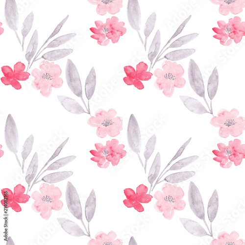 Gentle watercolor illustration of peony flowers and leaves in light pink and grey colors. Watercolor seamless pattern for wedding cards and invitations.