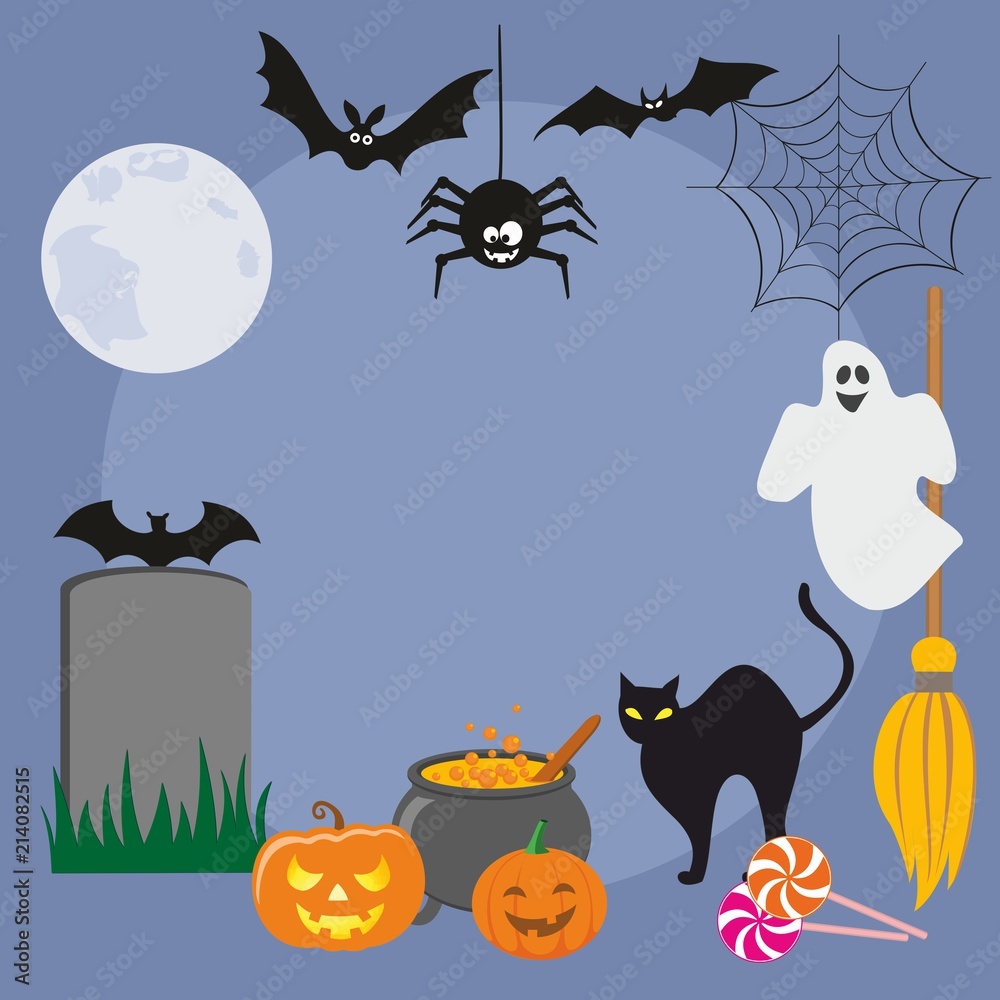 A set of bright elements of Halloween. Vector illustration. The concept of a cartoon with a flat design A set of bright elements of Halloween. Vector illustration. The concept of a cartoon with a flat design