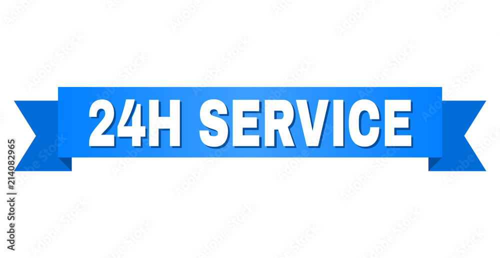 24H SERVICE text on a ribbon. Designed with white caption and blue stripe. Vector banner with 24H SERVICE tag.