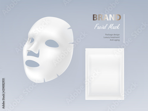 Realistic vector white sheet facial cosmetic mask isolated on background. Skincare, cosmetic beauty product for face treatment, anti-aging, cleansing, moisturising complex. Mockup for package design
