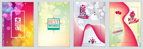 Birthday joyful and bright vector greeting card. Includes lettering composition and balloons combined with wavy fluid colorful shape abstract backgrounds collection.