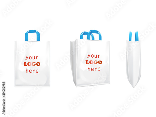 3d vector realistic white shopping bags with blue handles, plastic packet with blank space for advertising, front and side view, illustration isolated on background. Ready mockup for brand design