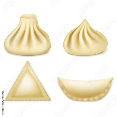 Vector set of realistic 3d dumplings, khinkali, ravioli, pelmeni, samosa. Georgian, oriental kitchen of dough. Traditional cuisine with meat, gourmet food. Great for restaurant banner, promotion
