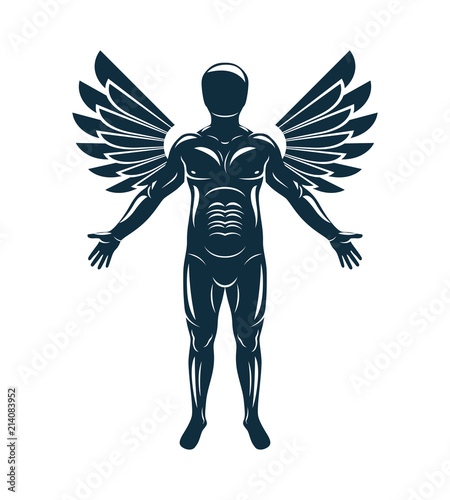 Vector graphic illustration of human  individuality created with bird wings. Guardian angel metaphor.