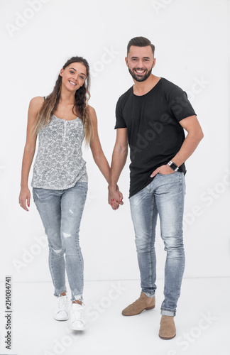in full growth.young couple walking together