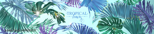 Vector horizontal tropical leaves banner on light blue background. Exotic botanical design for cosmetics, spa, perfume, health care products, aroma, wedding invitation. Best as web banner
