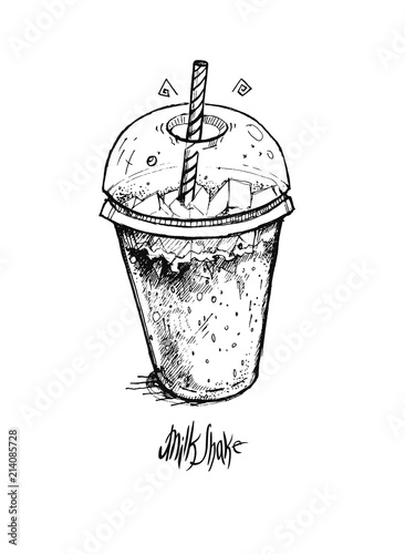 Transparent glass with milkshake or cocktail. The cup with drink isolated on a white background. Graphic hand drawn illustration.