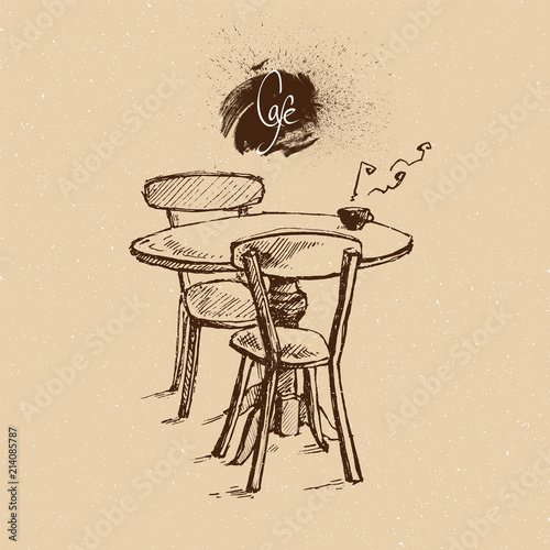Coffeehouse illustration with table and chairs. Coffee cup on the table. Hand drawn vintage illustration.