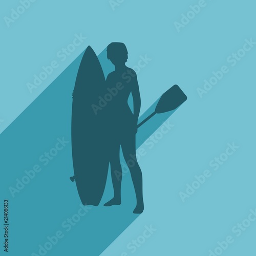 Woman posing with surfboard and paddle. Vintage surfing graphic and emblem for web design or print. Stand up paddle boarding. Web icon with long shadow