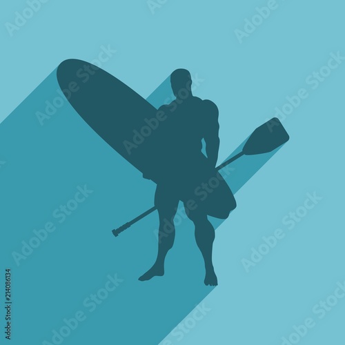 Man posing with surfboard and paddle. Surfing emblem for web design or print. Stand up paddle boarding. Web icon with long shadow