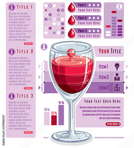 Creative infographics composition, 3d wineglass with three layered drink idea, cocktail, vector illustration.