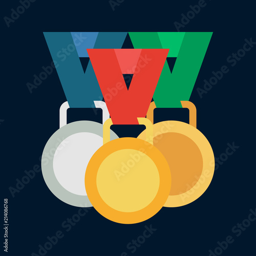 Vector color medal and winner award icon. Sport equipment, success symbol. Athletic competition. Championship reward, win trophy. Retro style illustration and element for your design wallpaper.