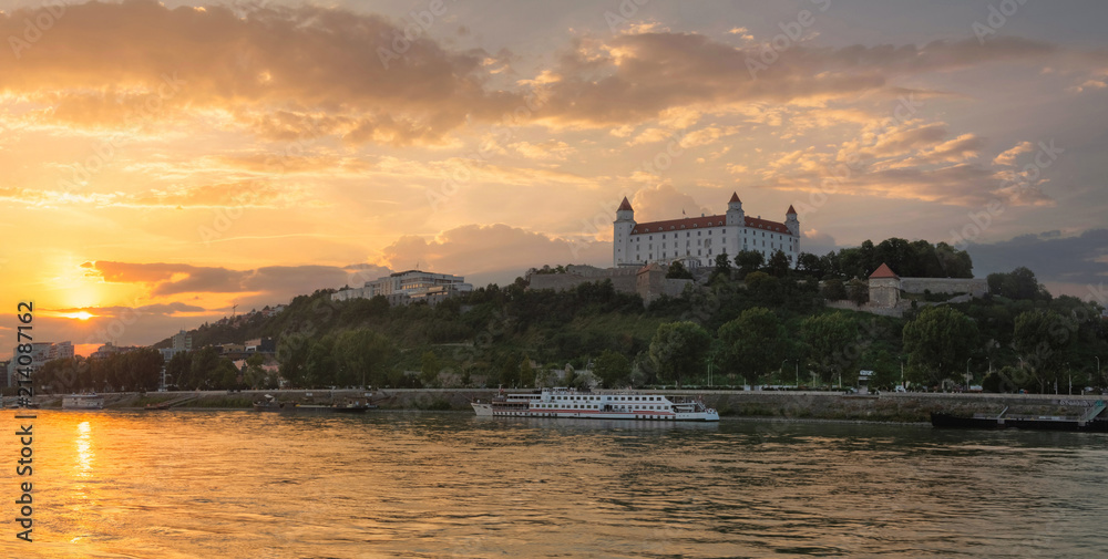 View on Bratislava castle and old town over the river Danube in Bratislava city, Slovakia