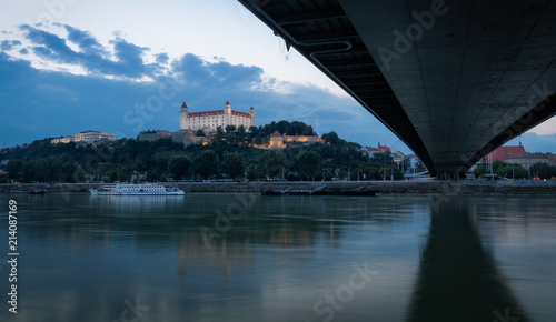 Photography View on Bratislava castle and old town over the river Danube in Bratislava city,