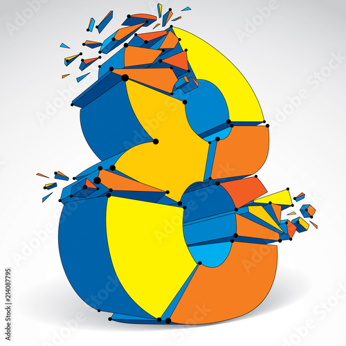 Perspective technology demolished number 8 with black lines and dots connected, polygonal wireframe colorful font. Explosion effect, abstract faceted element cracked into multiple fragments.