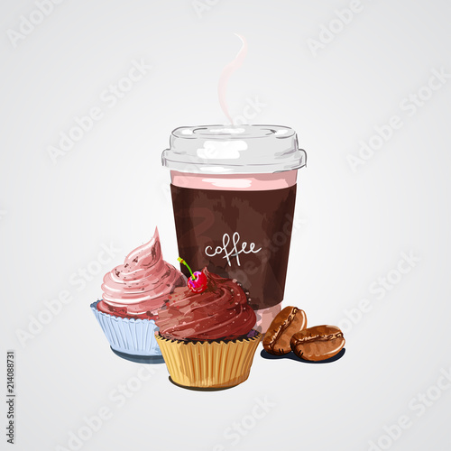 Cup of coffee, cupcakes and coffee beans. Vector illustration
