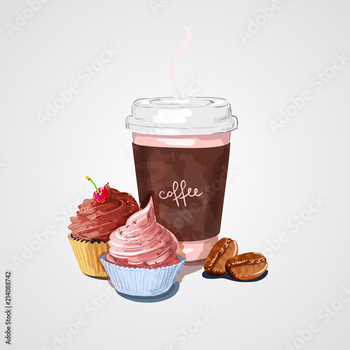Cup of coffee, cupcakes and coffee beans. Vector illustration