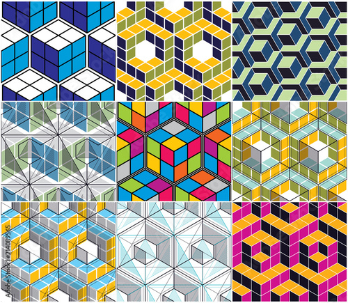 Geometric 3d lines abstract seamless patterns set, vector backgrounds cubes collection. Technology style engineering line drawing endless colorful illustration. Usable for fabric, wallpaper, wrapping.
