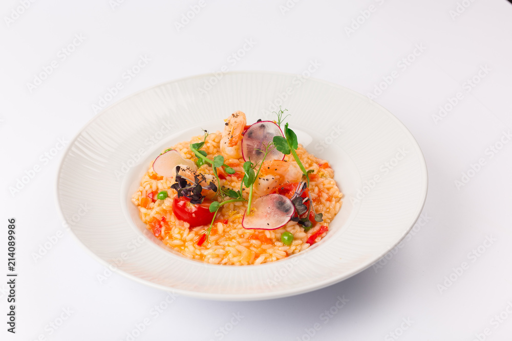 Front and Top View Isolated - Risotto spring with shrimp Seafood. Front and Top View Isolated - Risotto spring with shrimp Seafood.
