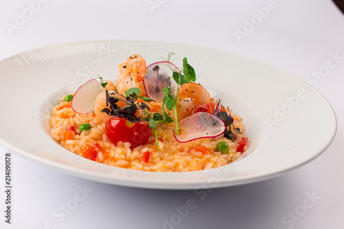 Front and Top View Isolated - Risotto spring with shrimp Seafood.