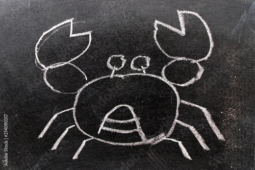 White color chak hand drawing in crab shape on blackboard background