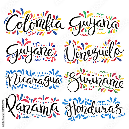 Set of hand written calligraphic lettering quotes with Latin American countries names, decorative ornament. Isolated objects on white background. Vector illustration. Design concept for banner, card.