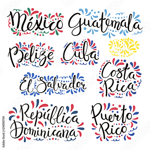 Set of hand written calligraphic lettering quotes with Latin American countries names, decorative ornament. Isolated objects on white background. Vector illustration. Design concept for banner, card.