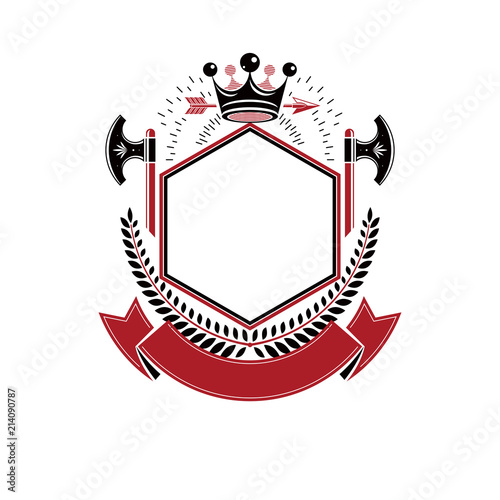 Graphic emblem made with royal crown element, different armory and elegant ribbon. Heraldic Coat of Arms decorative logo isolated vector illustration.