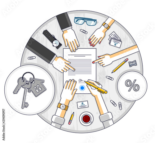 Man signs bank mortgage hypothec for real property house buying and employee explains terms of loan credit, top view of desk with people hands and paper documents. Vector illustration.