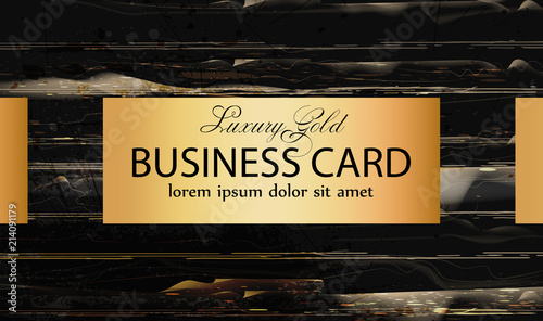 Golden business card on black marble background. Elegant poster with stone pa...